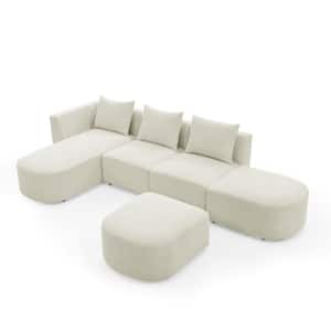 5-Piece Left Face L-Shaped Polyester Modular Sectional Sofa with Ottoman in Beige
