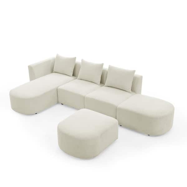 ANGELES HOME 5-Piece Left Face L-Shaped Polyester Modular Sectional Sofa with Ottoman in Beige