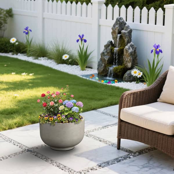18 in. Large Stone Gray(Upgraded Interior) Concrete Planter / Pot Lightweight Planter Bowl with Drainage Holes