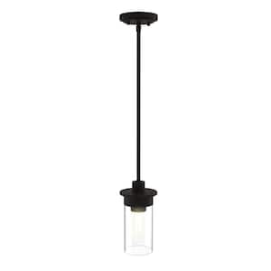 60-Watt 1 Light Matte Black Crystal Pendant Light with Cylinder Glass Shade and LED Bulb