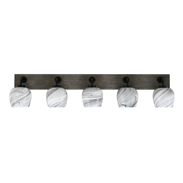 Unbranded Kirby 46.75 in. 5 Light Black and Painted Wood-look Vanity Light with 6 in. Onyx Swirl Glass Shades No Bulbs Included