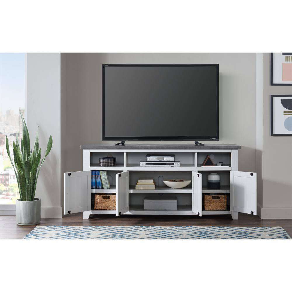 Rustic Farmhouse 65" Solid Pine TV Stand with Cabinet, White Stain and Grey