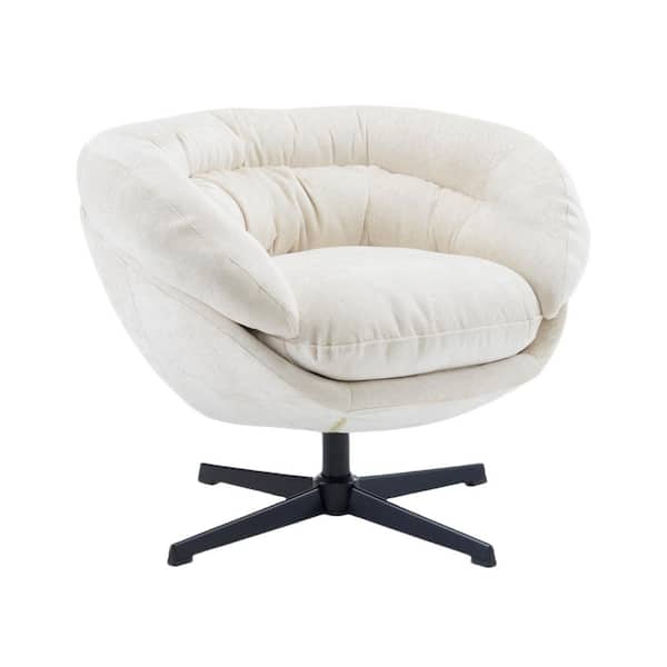 Beige Modern Chenille Round 360° Swivel Office Chair with Removable Cushion. Black Metal Base