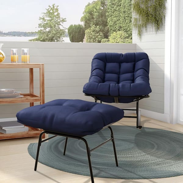 JEAREY Metal Outdoor Rocking Chair with Navy Padded Cushion and Ottoman Foot Rest for Balcony