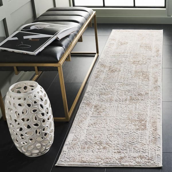 Hanna 2 ft. x 8 ft. Ivory Gray/Beige Distressed Ornate Border Runner Rug