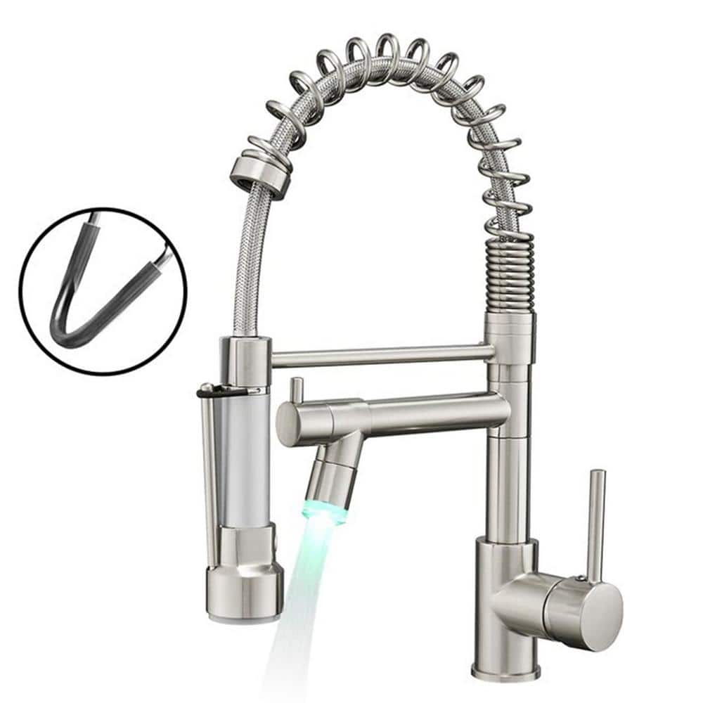 Single Handle LED Pull Down Sprayer Kitchen Faucet with Advanced Spray Single Hole Kitchen Basin Taps in Brushed Nickel -  AIMADI, KI-0055-BN