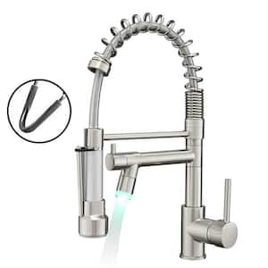 Single Handle LED Pull Down Sprayer Kitchen Faucet with Advanced Spray Single Hole Kitchen Basin Taps in Brushed Nickel