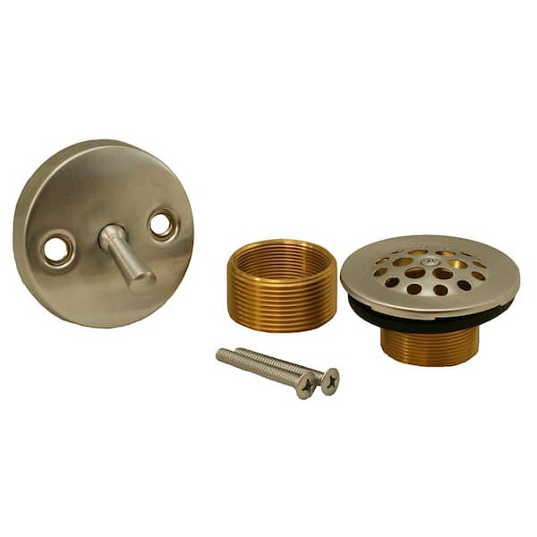 JONES STEPHENS Trip Lever Bath Tub Drain Conversion Kit with 2-Hole Overflow Plate Brushed Stainless