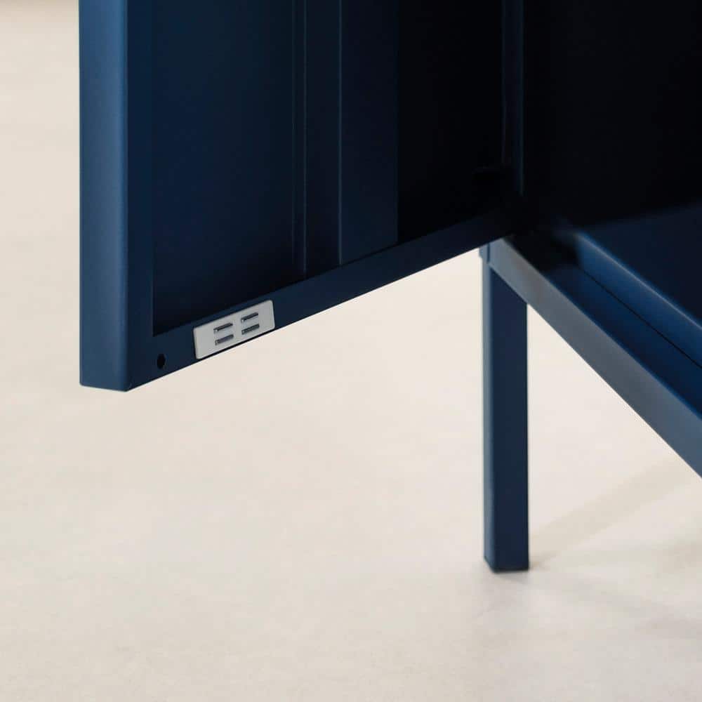 Dark Blue Metal 1-Door Nightstand with Adjustable Shelf