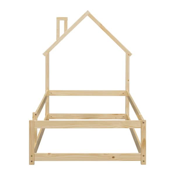 Natural Brown Wood Frame Twin Platform Bed with House-Style Headboard and Guardrails, Solid Wood for Kids