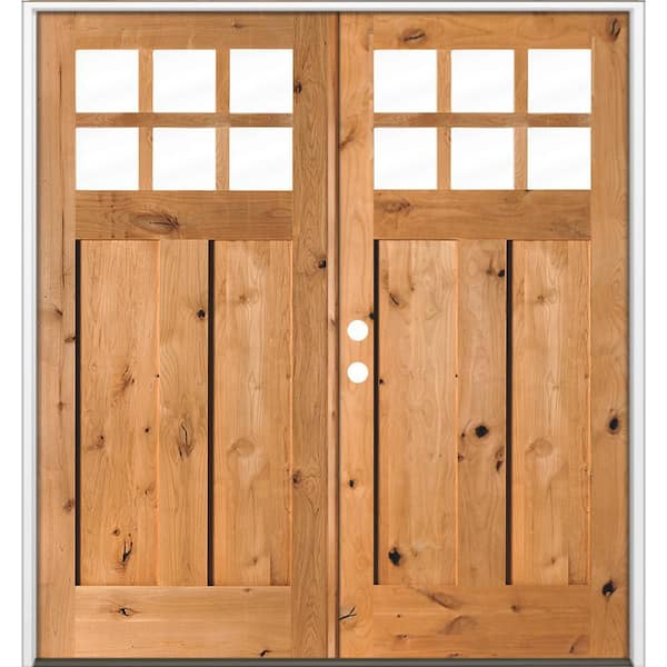 64 in. x 80 in. Knotty Alder Right-Hand/Inswing Double 6-Lite Clear Glass Cedar Stain Wood Prehung Front Door