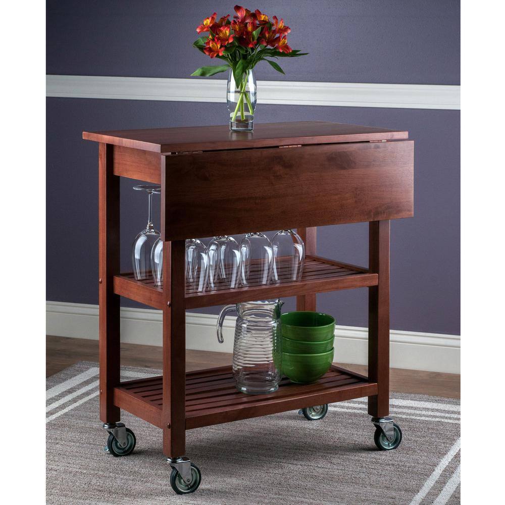 Transitional Walnut Kitchen Cart with Drop Leaf and Storage