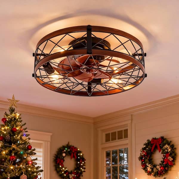 20 in. 4-Light indoor Wood Grain Farmhouse Caged Low Profile Ceiling Fan Flush Mount Remote Control with Bulbs Included