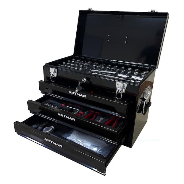 Flynama 20 in Portable 3-Drawer Steel Toolbox, 4-Layers of Tools with Metal Latches, Home, or Workbench in Black