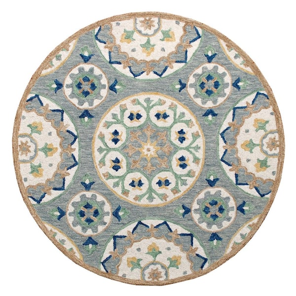 LR Home Bella Gray/Brown 4 ft. 10 in. x 4 ft. 10 in. Eclectic Hand-Tufted Floral 100% Wool Round Area Rug