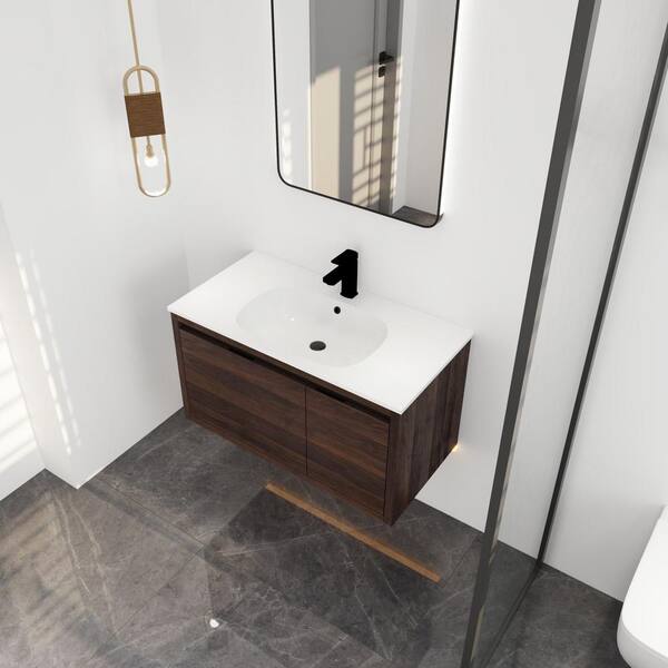 Anky 35.6 in. W x 18.5 in. D x 19.4 in. H Single Sink Bath Vanity in California Walnut with White Gel Acrylic Top