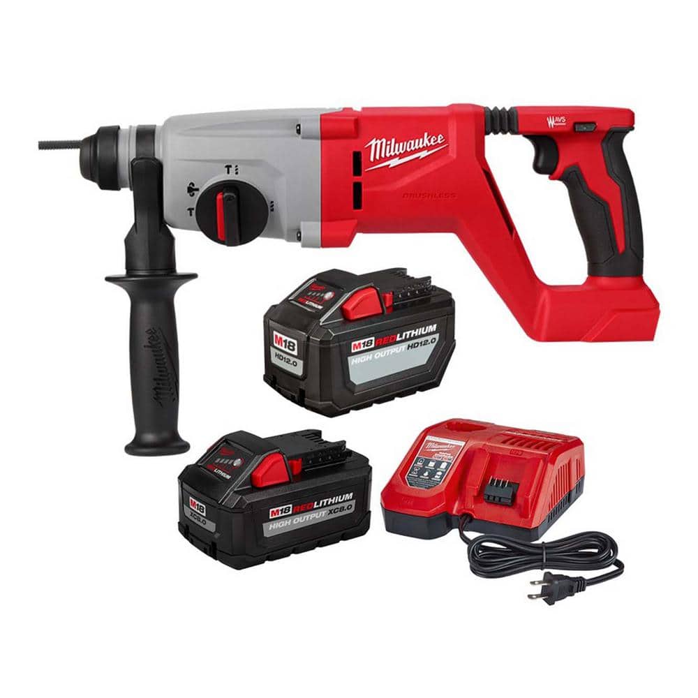 Milwaukee M18 18V Lithium-Ion Brushless Cordless 1 in. SDS-Plus D-Handle Rotary Hammer, 12.0Ah. Battery and 8.0ah Starter Kit