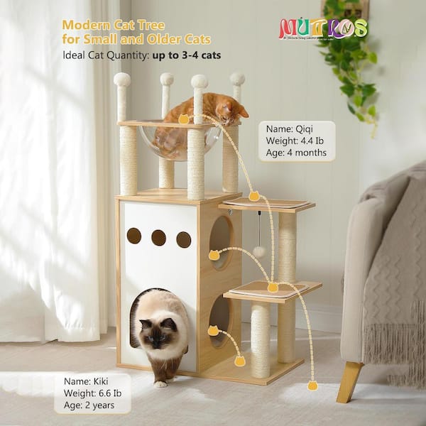 ATENGNES 42.5 in. Beige Wooden Cat Tower with 2 Floor Condo Cat Scratching Posts Capsule Nest Dangling Balls