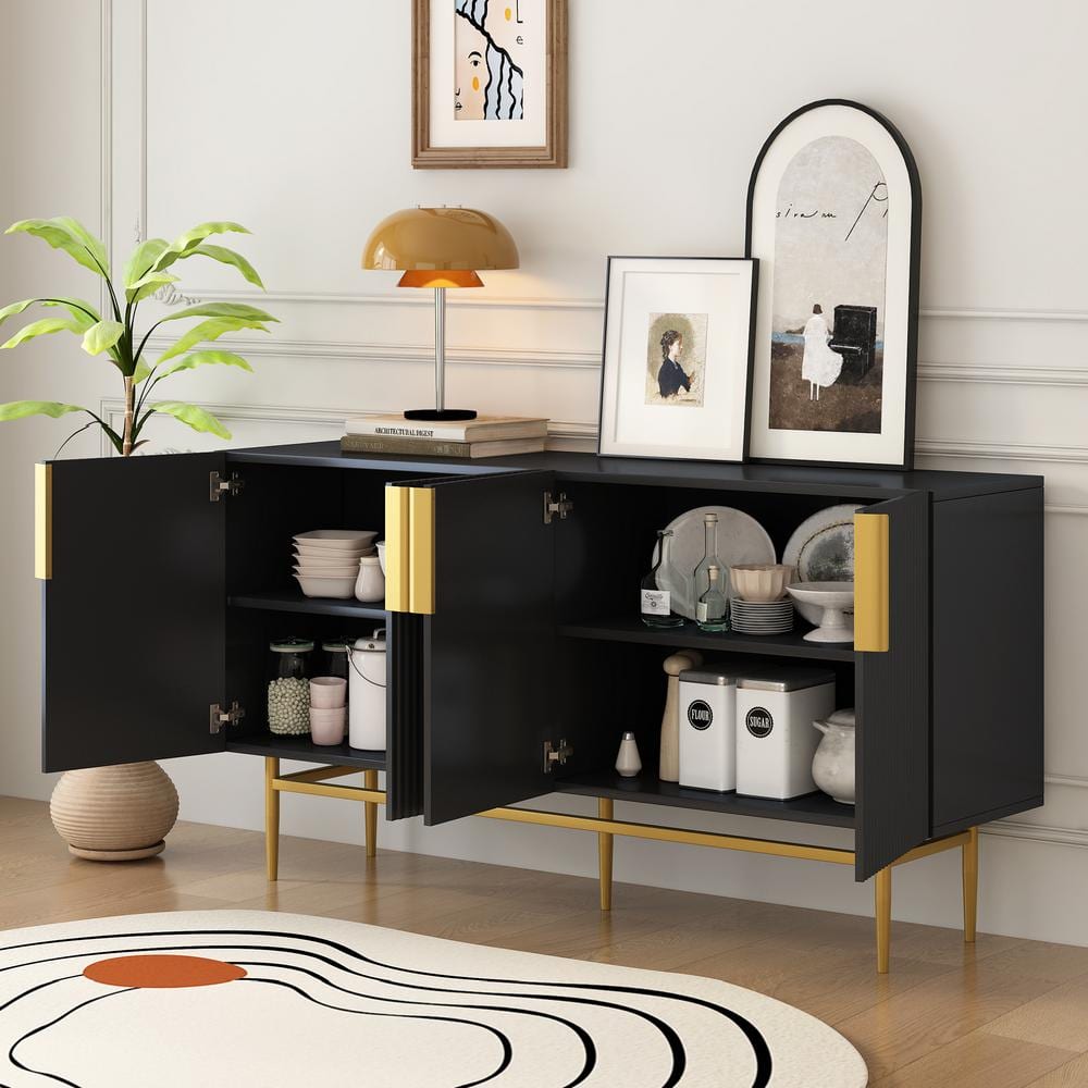 Black Wood 60 in. Modern Sideboard with Gold Handles and Legs
