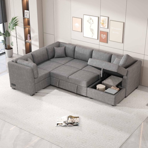108.6 in. Square Arm Chenille Sectional Sofa with 2 USB Ports, 2 Power Sockets, 3 Back Pillows in. Light Gray