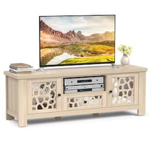 55 in. Retro TV Stand Media Entertainment Center with Mirror Doors and Drawer Natural
