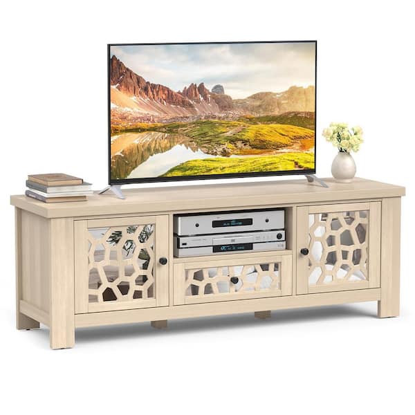 Gymax 55 in. Retro TV Stand Media Entertainment Center with Mirror Doors and Drawer Natural