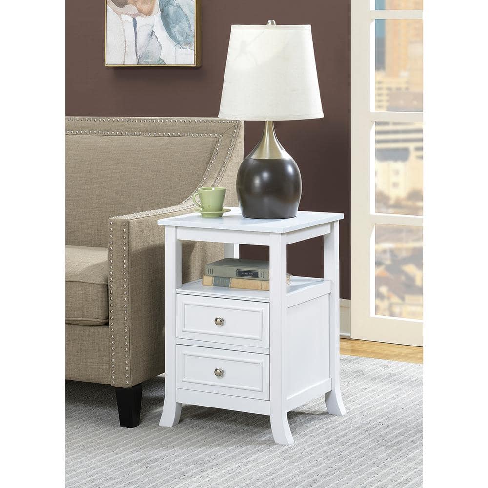 White Wood End Table with Storage Drawers and Shelf