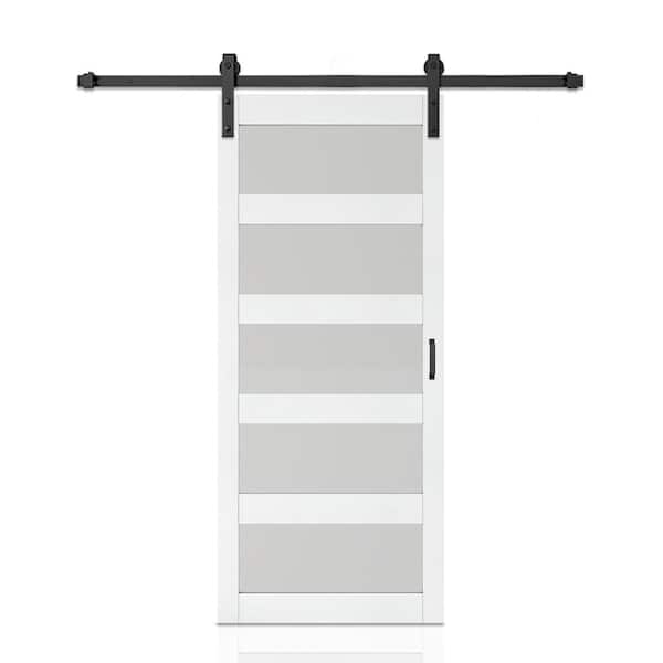 36 in. x 84 in. 5 Lite Tempered Frosted Glass White Finished Composite Interior Sliding Barn Door with Hardware Kit