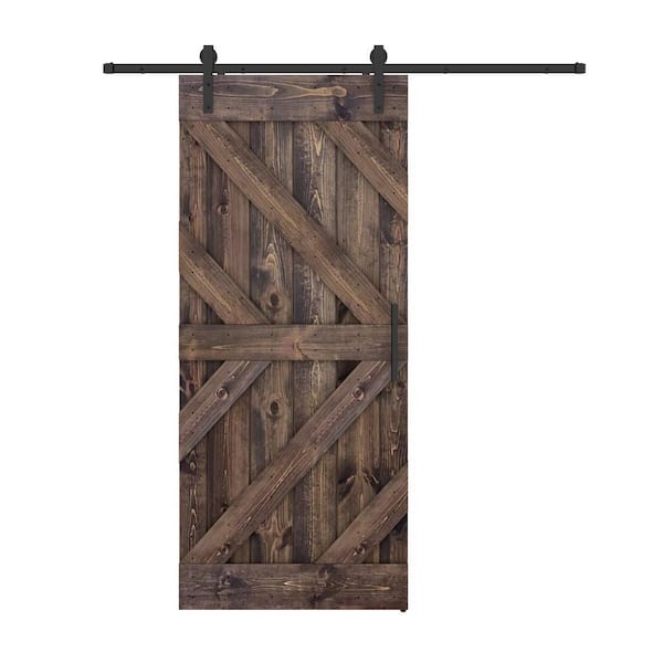 Dessliy Triple KR 30 in. x 84 in. Dark Brown Finished Pine Wood Sliding Barn Door with Hardware Kit (DIY)