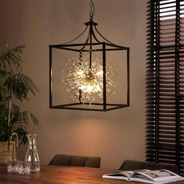 RRTYO Speier 8-Light Mid-Century Modern Black Square Caged Linear Crystal Chandelier Sputnik Starburst Pendant