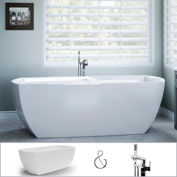 PELHAM & WHITE W-I-D-E Series Bloomfield 67 in. Acrylic Freestanding Tub in White, Floor-Mount Square-Post Faucet in Polished Chrome