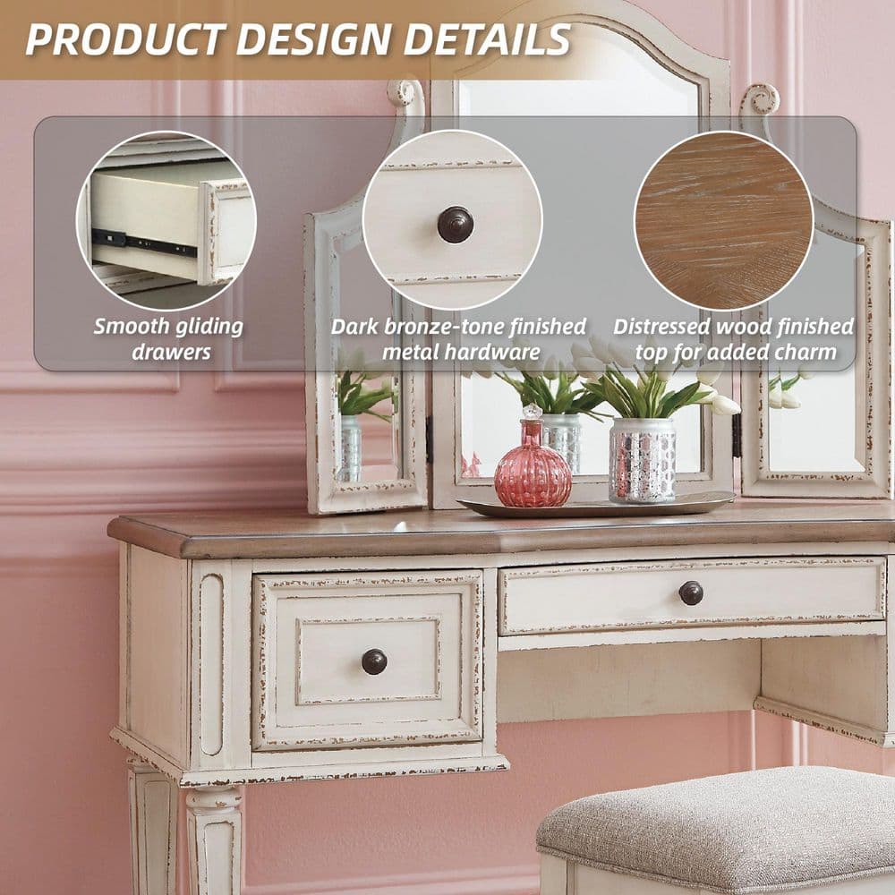 Rustic White 3-Drawer Vanity Set with Bench and Mirror