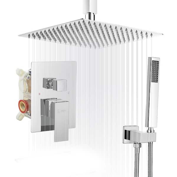 Single-Handle 2-Spray Square High Pressure Shower Faucet with 16 in. Ceiling Shower Head in Chrome (Valve Included)