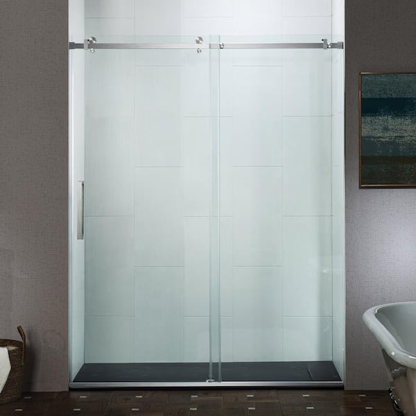 48 in. W x 76 in. H Frameless Single Sliding Shower Door in Brushed Nickel with 5/16 in. (8 mm) Clear Glass