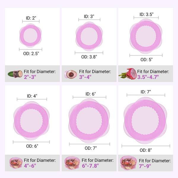 Purple Reusable Silicone Stretch Elastic Food Covers for Bowls, Round, and Rectangle Containers (6-Pack)