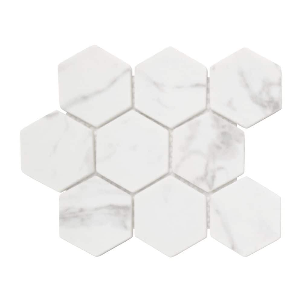 White Calacatta 6 in. x 6 in. Hexagon Recycled Glass Marble Looks Floor and Wall Mosaic Tile (0.25 sq. ft./Case) price history on PriceWatchPro