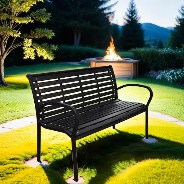 Unbranded 46 in. Black Rectangle Stainless Steel Bench Picnic Table with Backrest