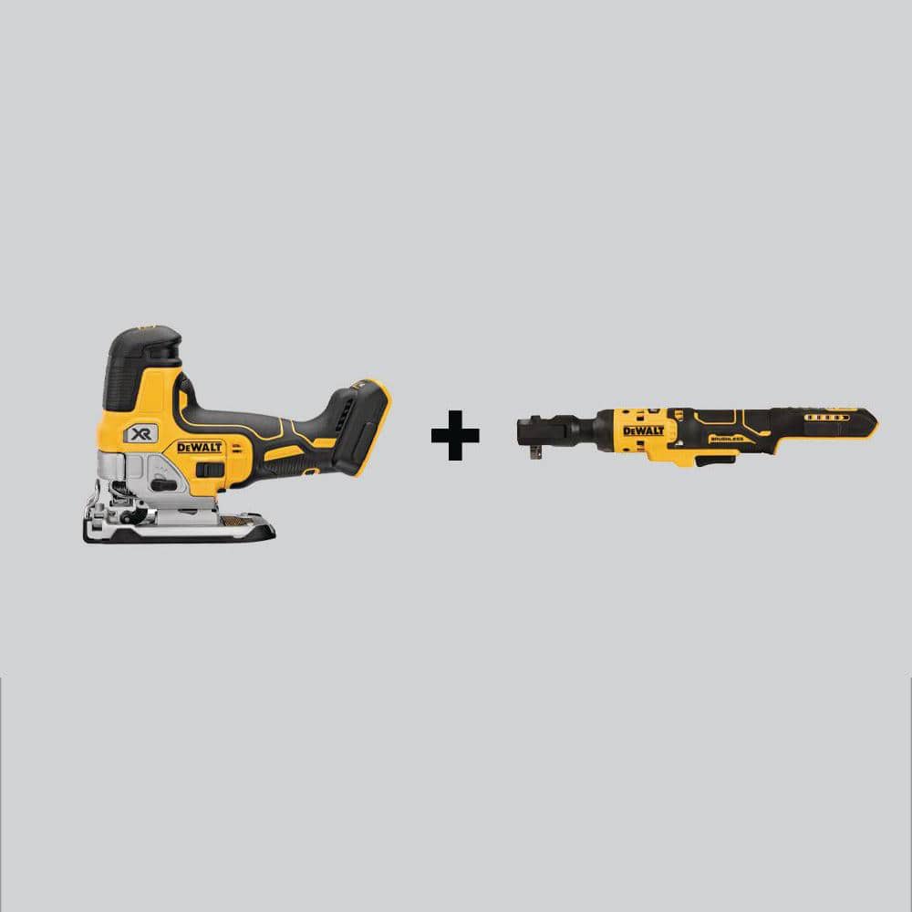 DEWALT 20V MAX XR Cordless Barrel Grip Jigsaw and ATOMIC 20V MAX Cordless  3/8 in. Ratchet (Tools-Only) DCS335BWDCF513B The Home Depot