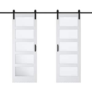 60 in. x 84 in. 5-Lite Tempered Frosted Glass White MDF Finished Double Sliding Barn Door Slab with Hardware