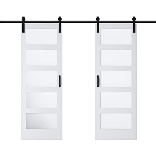 ARK DESIGN 60 in. x 84 in. 5-Lite Tempered Frosted Glass White MDF Finished Double Sliding Barn Door Slab with Hardware