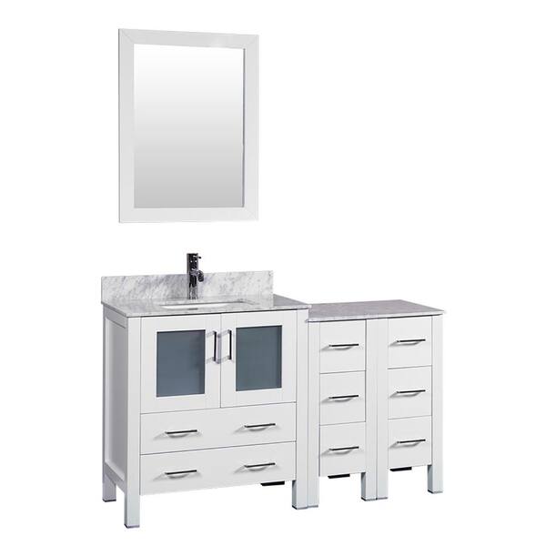 Bosconi 54 in. W Single Bath Vanity in White with Carrara Marble Vanity Top with White Basin and Mirror