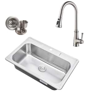 Topmount Drop-In 18-Gauge Stainless Steel 33 in. x 22 in. x 9 in. 1-Hole Single Bowl Kitchen Sink with Faucet