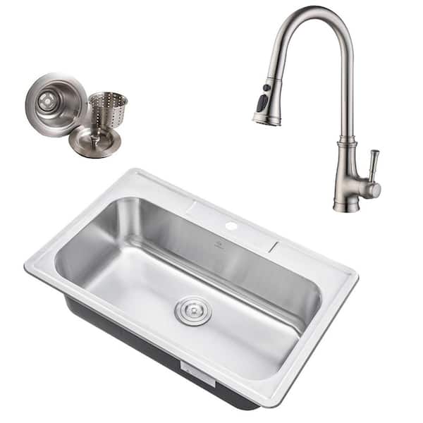 eModernDecor Topmount Drop-In 18-Gauge Stainless Steel 33 in. x 22 in. x 9 in. 1-Hole Single Bowl Kitchen Sink with Faucet