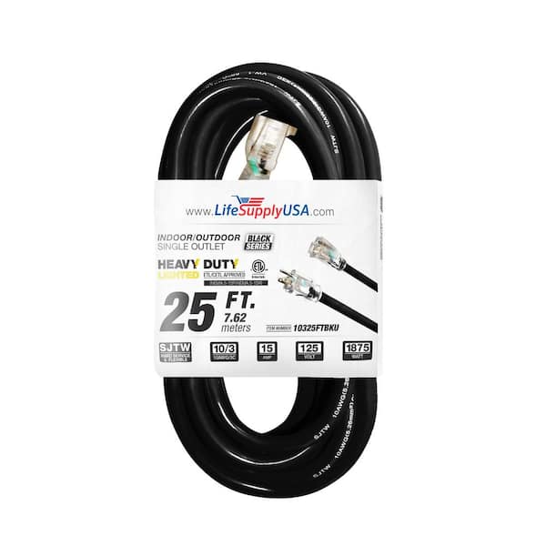 LifeSupplyUSA 25 ft. 10-Gauge/3 Conductors SJTW Indoor/Outdoor Extension Cord with Lighted End Black (1-Pack)