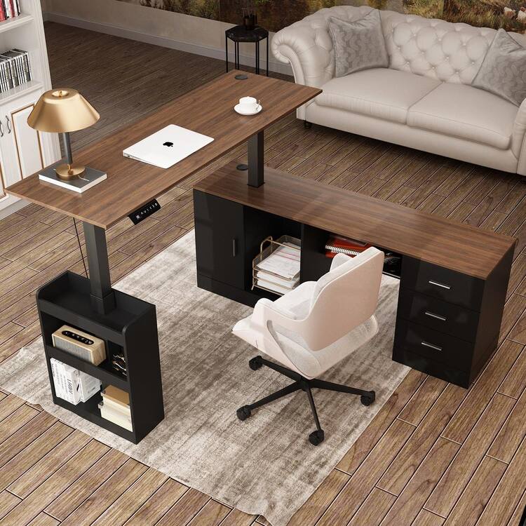 FUFU&amp;GAGA 63 in. W L-Shape Black &amp; Wood Grain Wooden 3-Drawer Adjustable Height Computer Desk, Writing Desk with 5-Shelf &amp; 1 Door