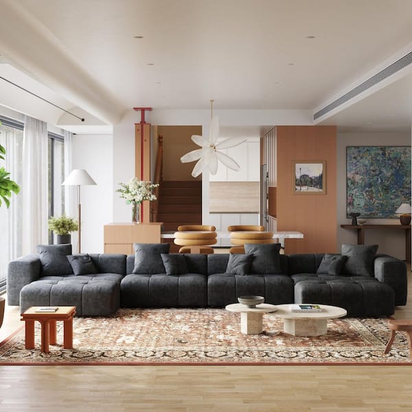 J&E Home 6-Piece Black Linen 183.5 in. W Sectional Sofa Oversized