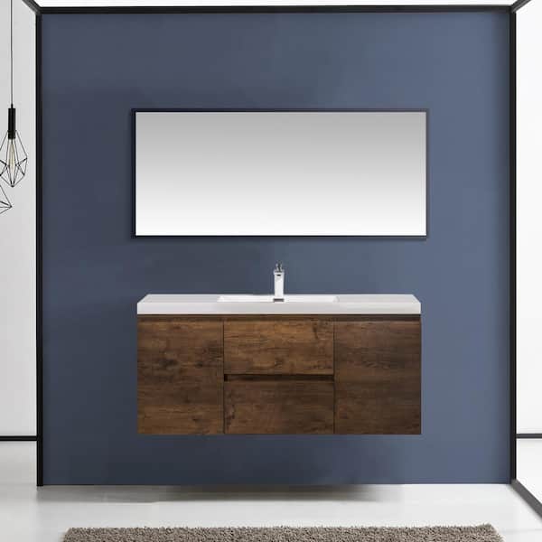 Satico 48 in. W x 19 in. D x 20 in. H Wall-Mounted Bath Vanity in Rose Wood with White Glossy Resin Top