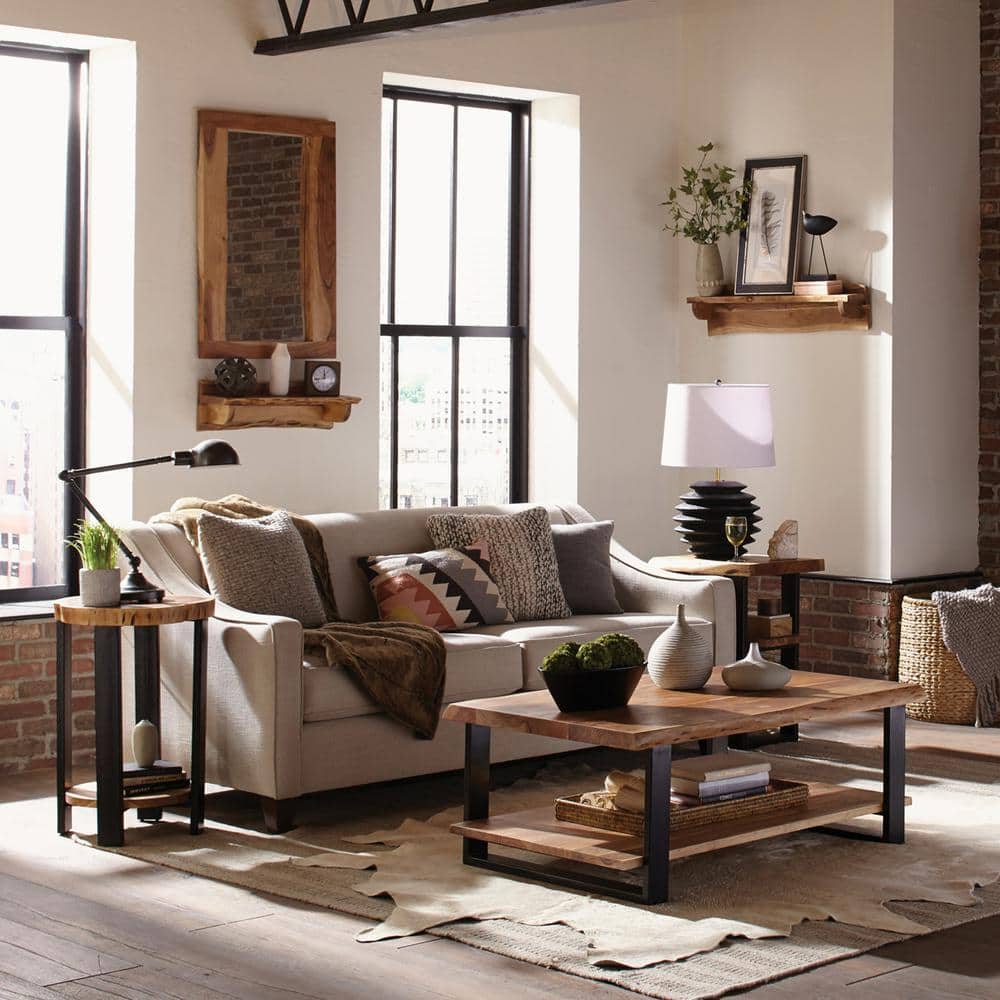 Alpine Natural Acacia Wood and Black Metal Rectangular Coffee Table