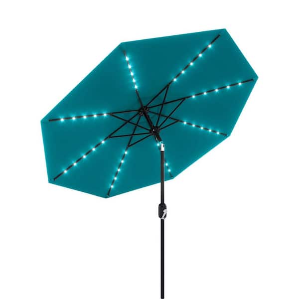 10 ft. Metal Pole Round Market Solar LED Lighted Tilt Patio Umbrella with UV-Resistant Fabric in Turquoise Blue