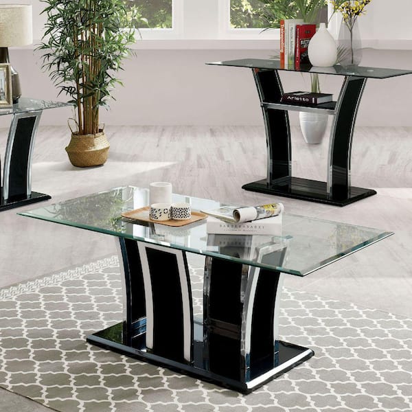 Trimied Modern Coffee Table with Storage in Black Center Table with  Stainless Steel Base